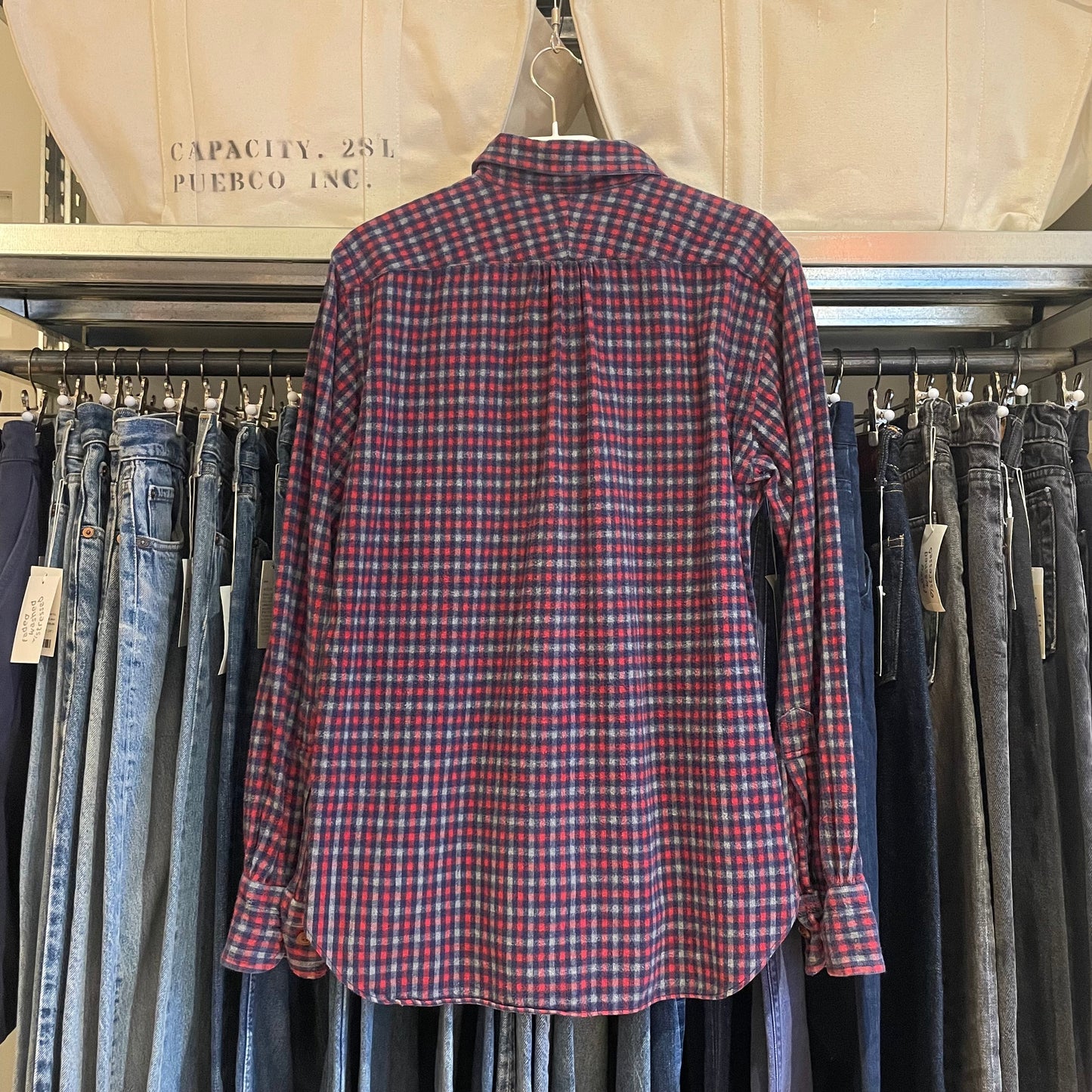 Plaid Band Collar Shirt with Pocket Red/Navy