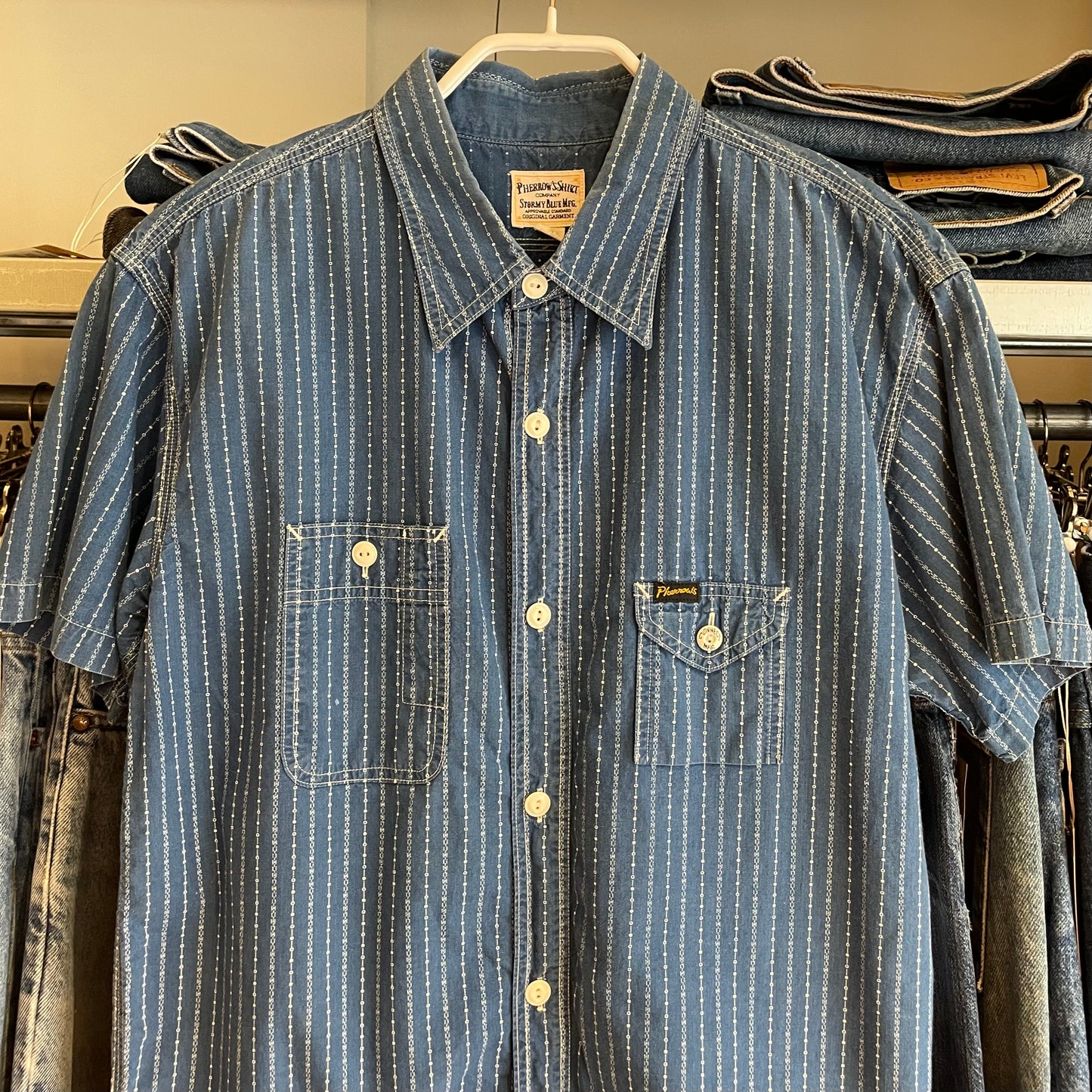 Stripe Button-Up Work Shirt Blue Short Sleeve