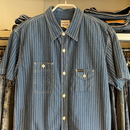 Stripe Button-Up Work Shirt Blue Short Sleeve
