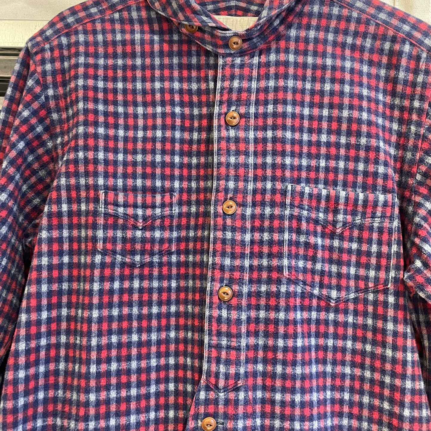 Plaid Band Collar Shirt with Pocket Red/Navy