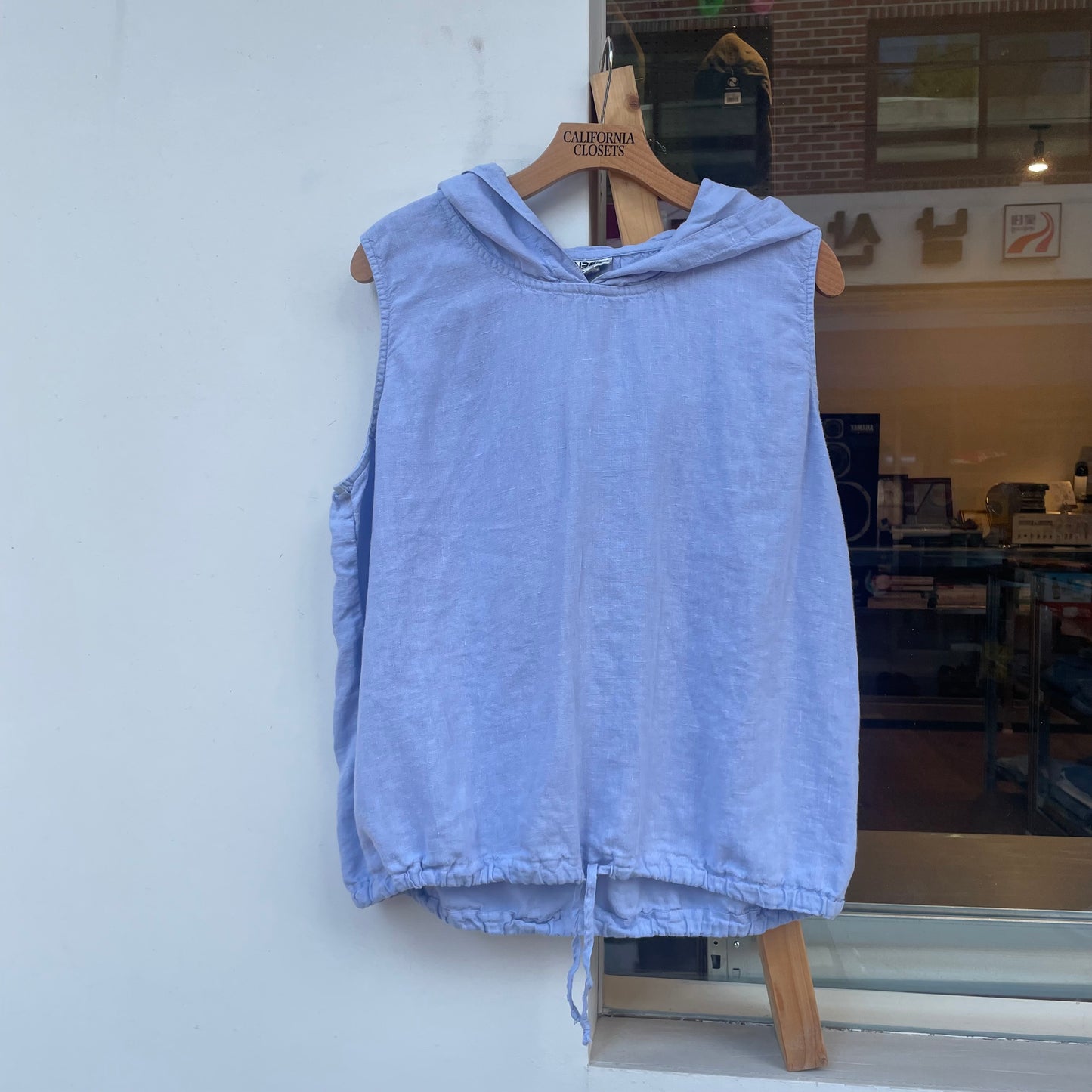Sleeveless Hooded Linen Tops Blue