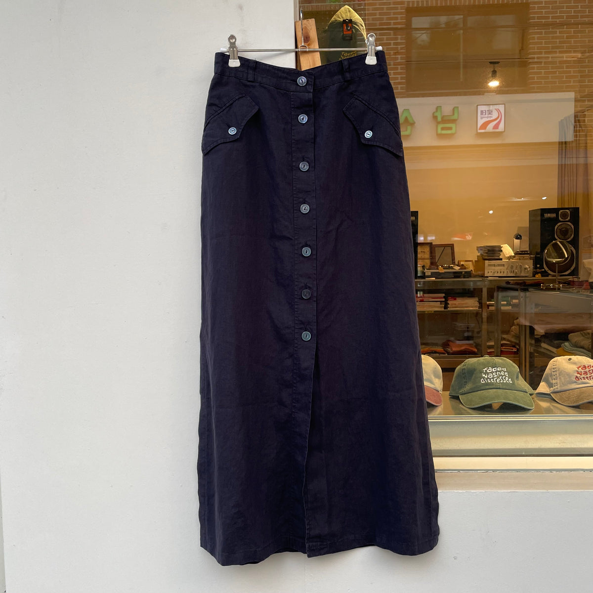 Button Front Linen Skirt Navy