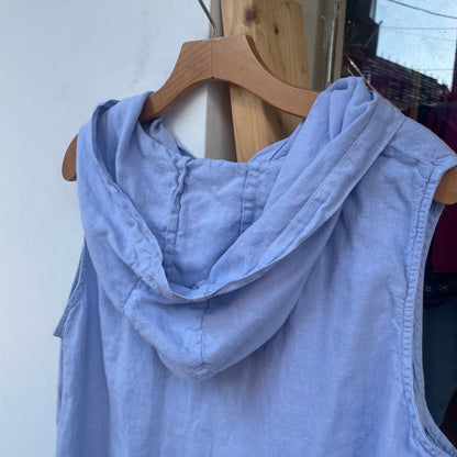 Sleeveless Hooded Linen Tops Blue