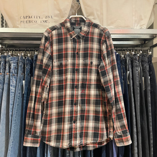 Plaid Flannel Button-Down Shirt Gray Red