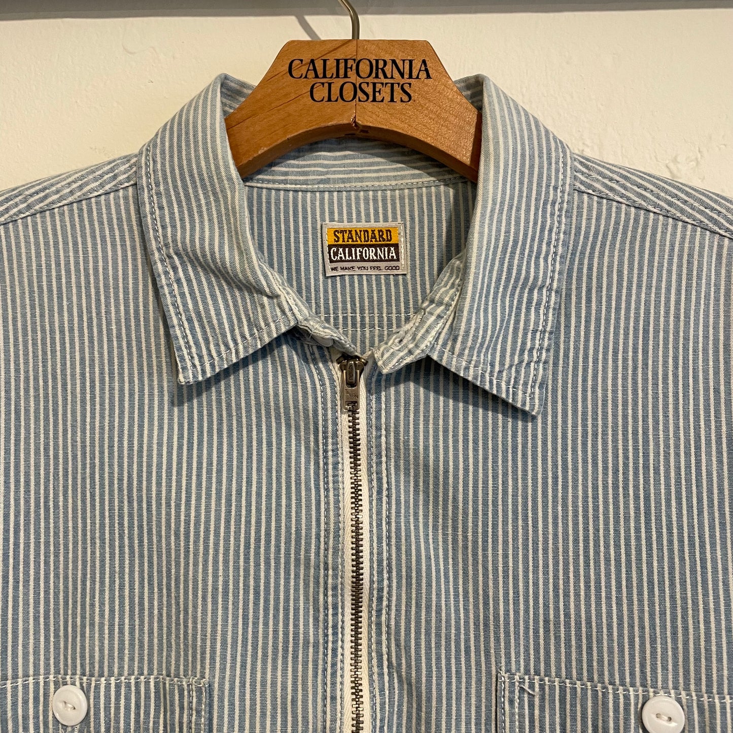 Half-Zip Striped Work Shirt Blue Cotton