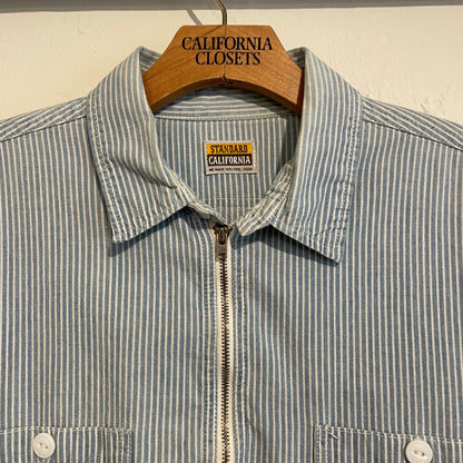 Half-Zip Striped Work Shirt Blue Cotton
