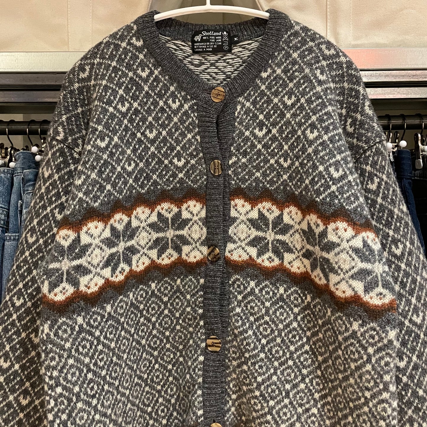 Fair Isle Wool Cardigan Gray Shetland