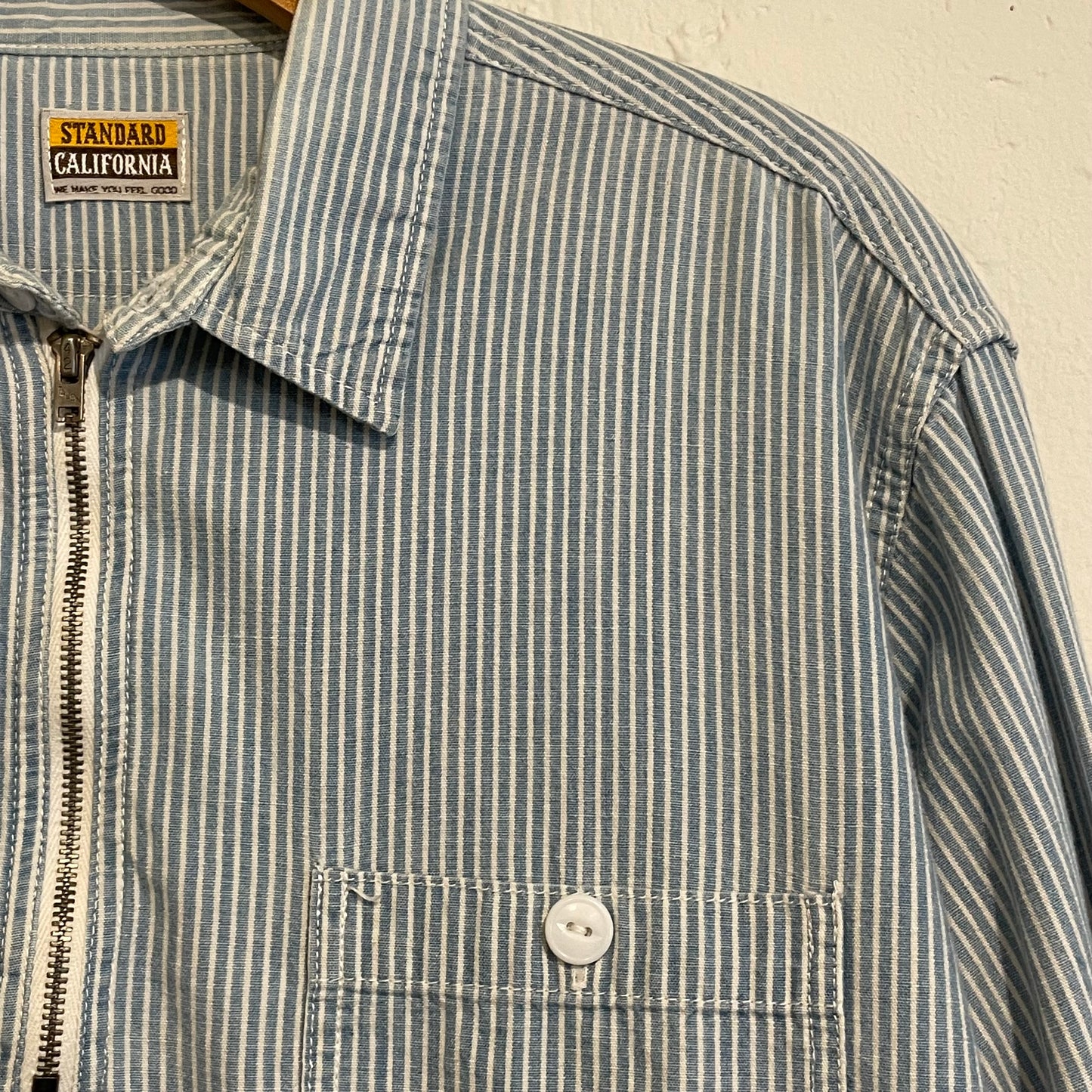 Half-Zip Striped Work Shirt Blue Cotton