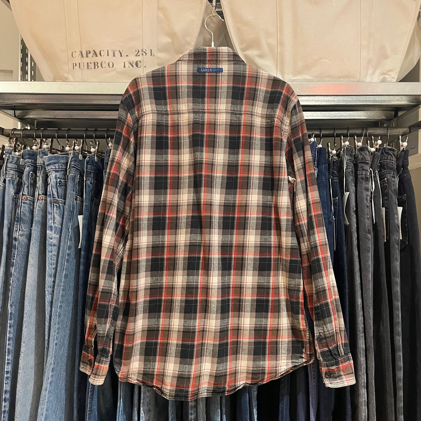 Plaid Flannel Button-Down Shirt Gray Red