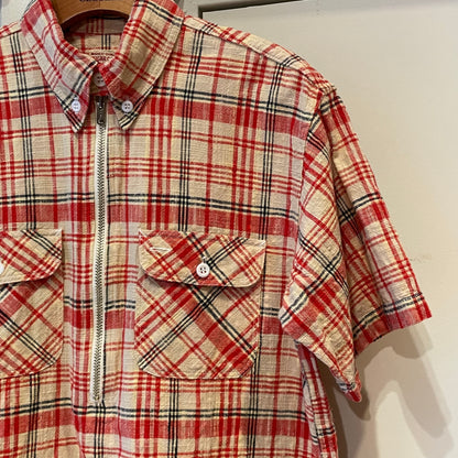 Half-Zip Plaid Short Sleeve Shirt Red