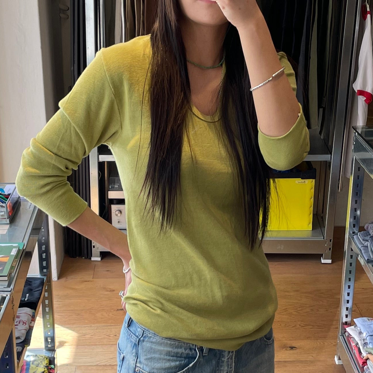 Dyed German Military U-Neck L/S T-Shirt Green
