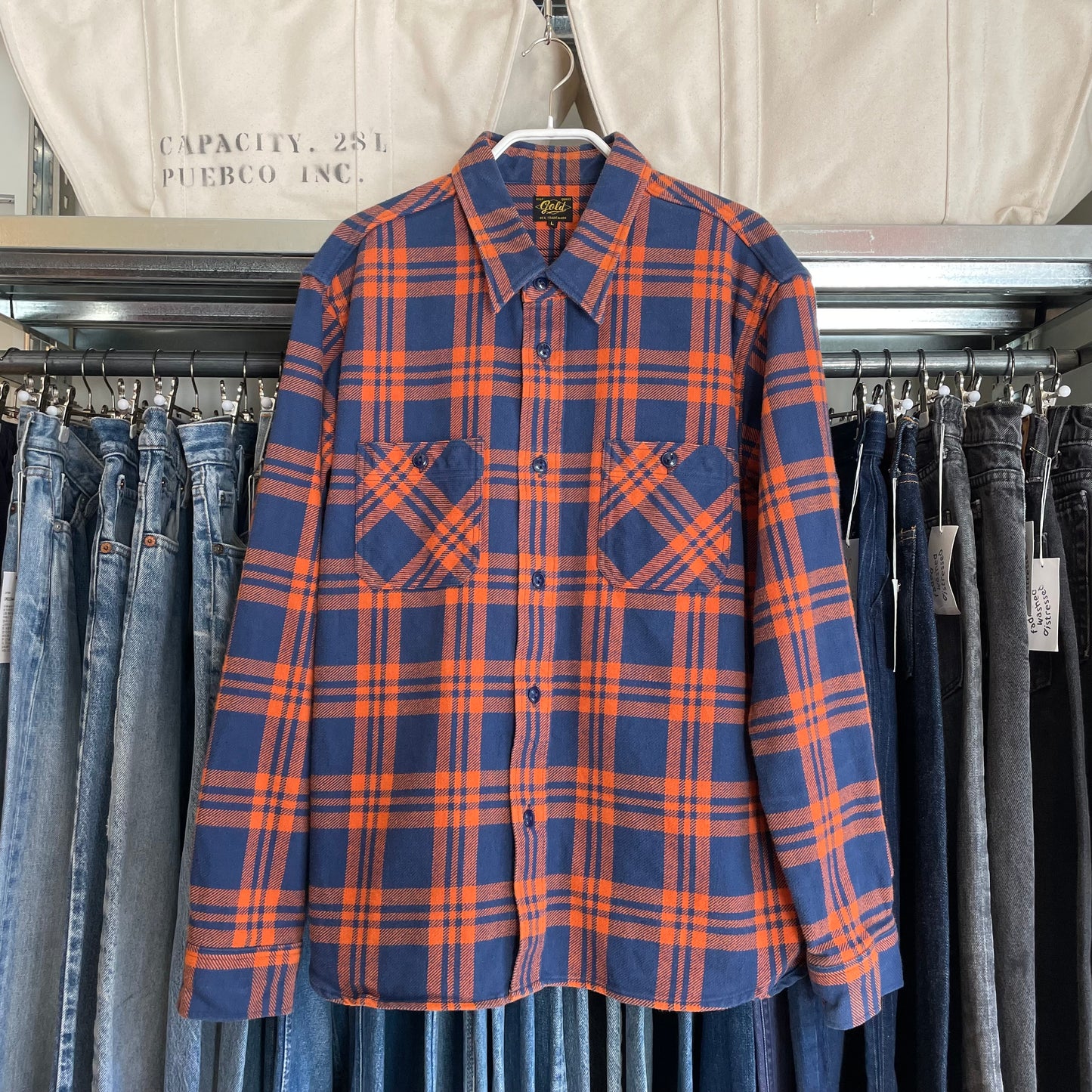 Navy Orange Check Flannel Work Shirt Cotton