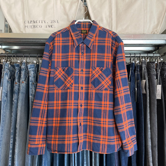 Navy Orange Check Flannel Work Shirt Cotton