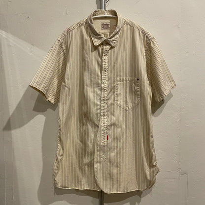 Beige Stripe Short Sleeve Button Up Shirt
