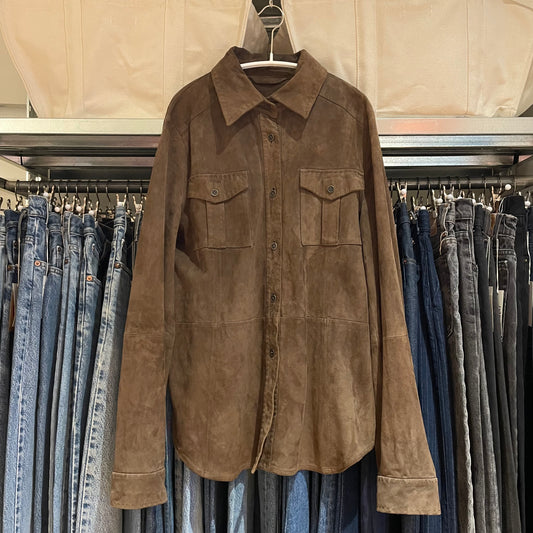Flap Pocket Leather Shirt Brown