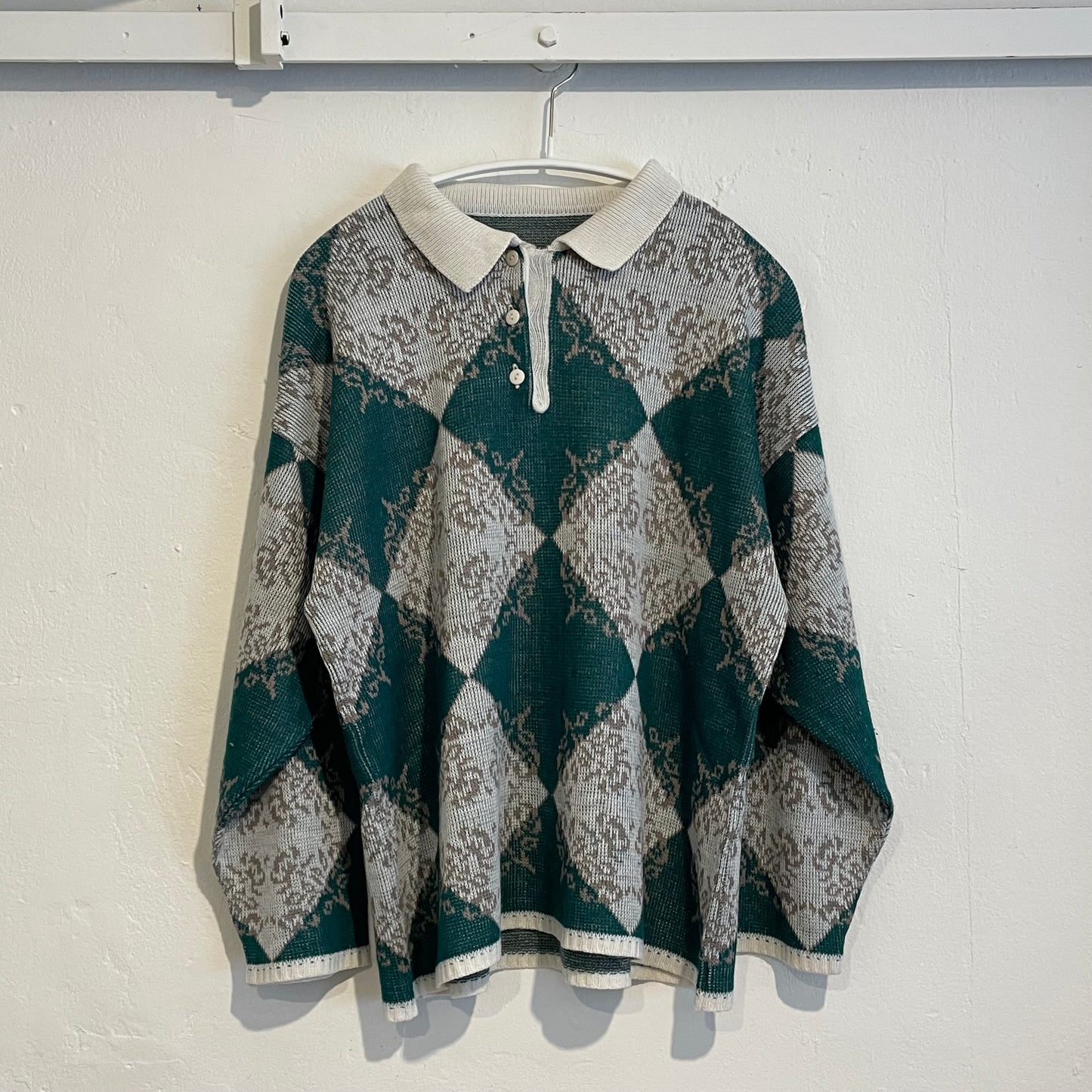 Argyle Knit Polo Sweater Green