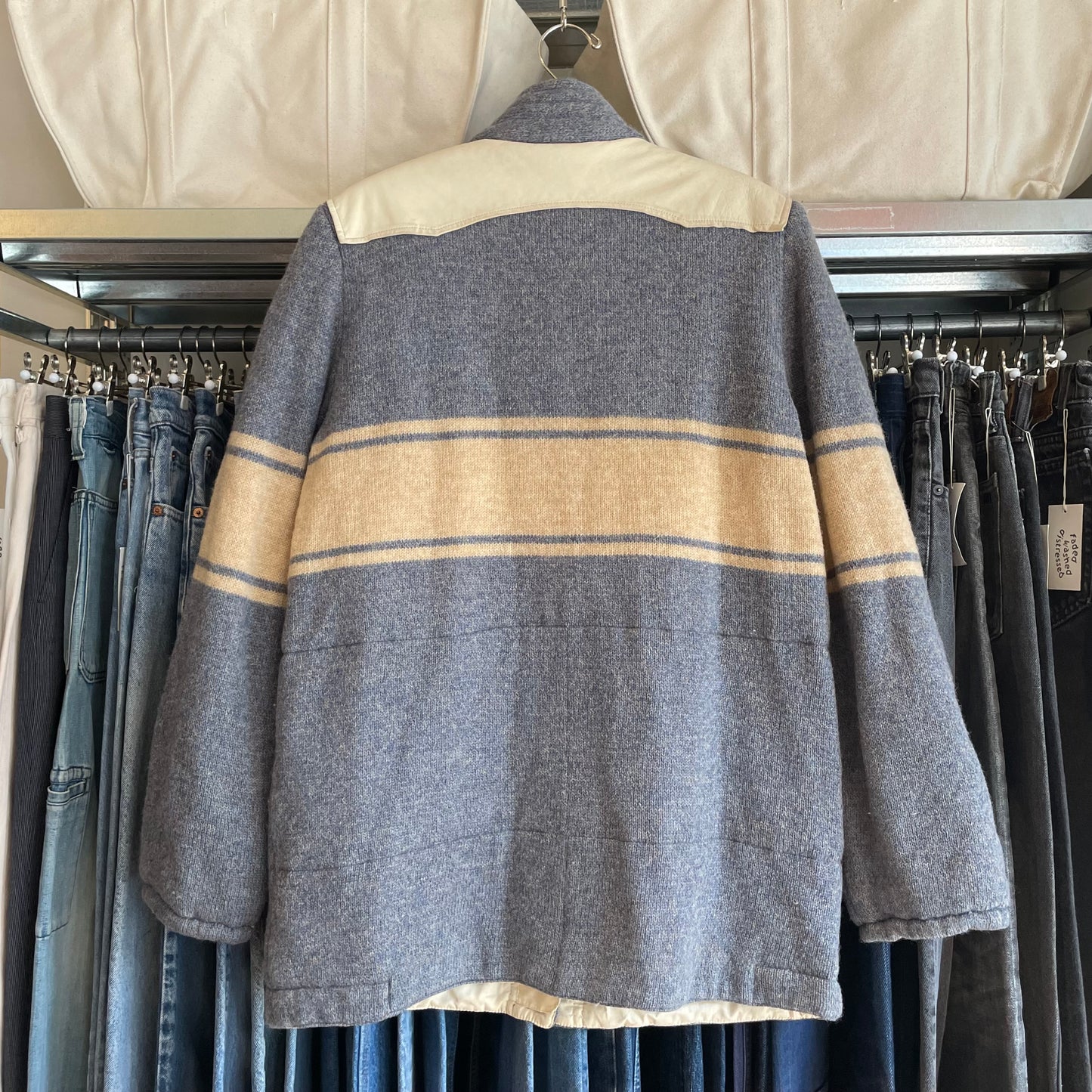 Striped Wool Blend Jacket Blue Beige riri zip