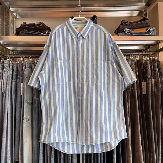 Blue Green Stripe Button Shirt Short Sleeve