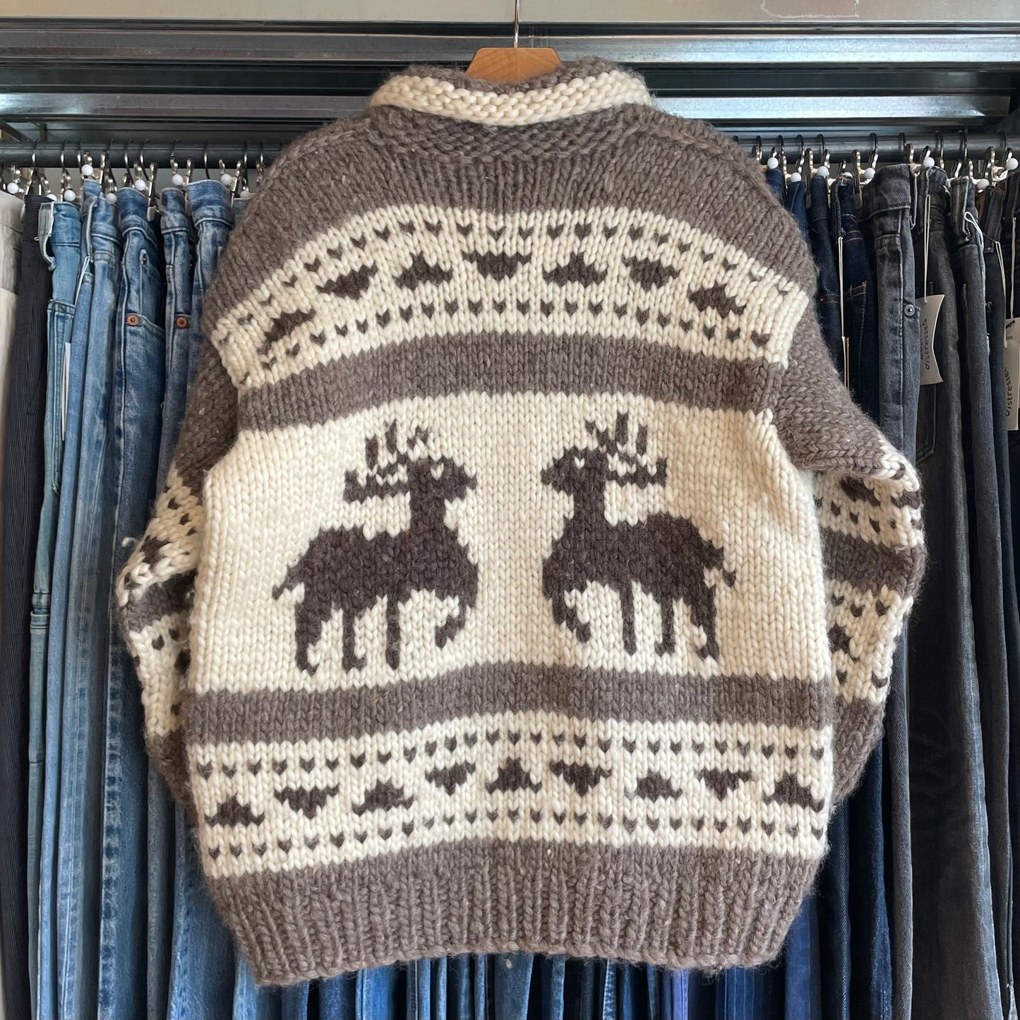 Deer Pattern Cowichan Shawl Collar Zip-up Cardigan