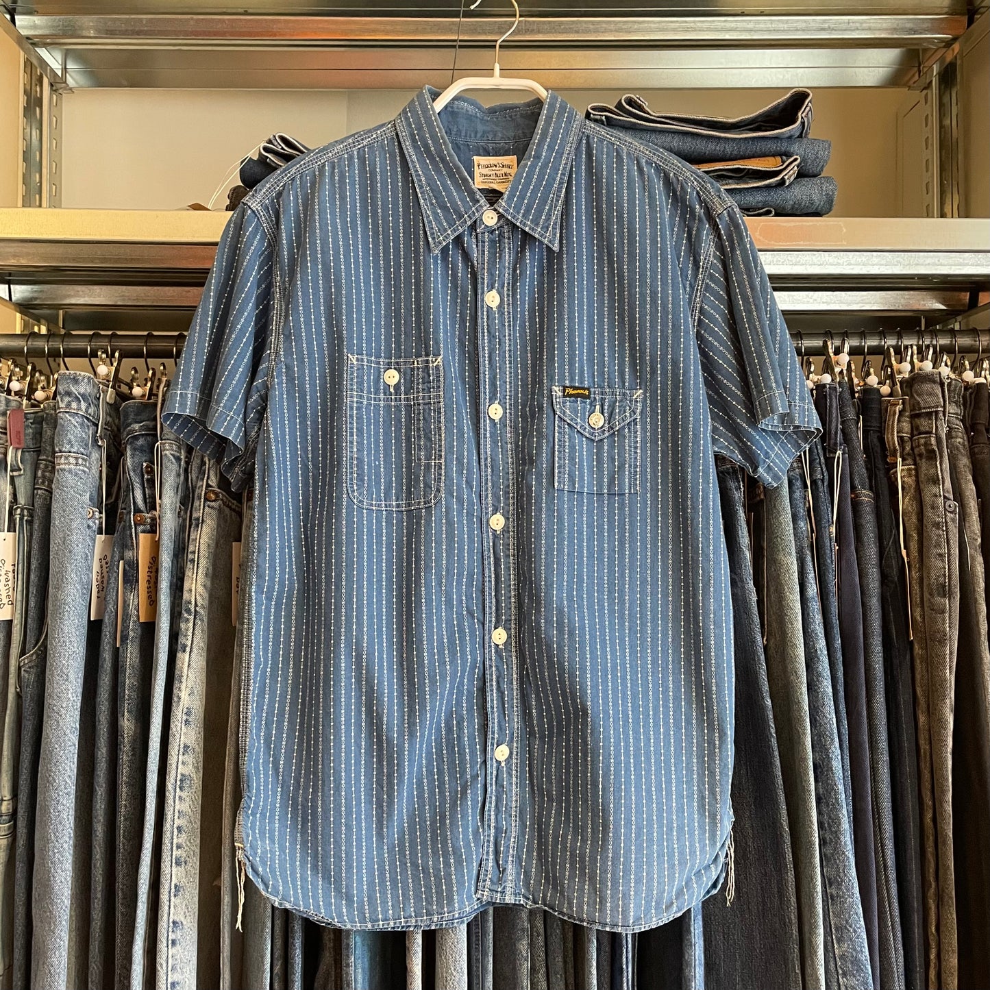 Stripe Button-Up Work Shirt Blue Short Sleeve