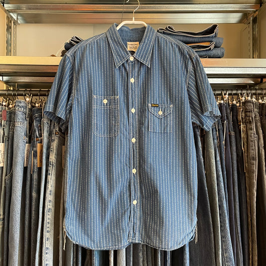 Stripe Button-Up Work Shirt Blue Short Sleeve