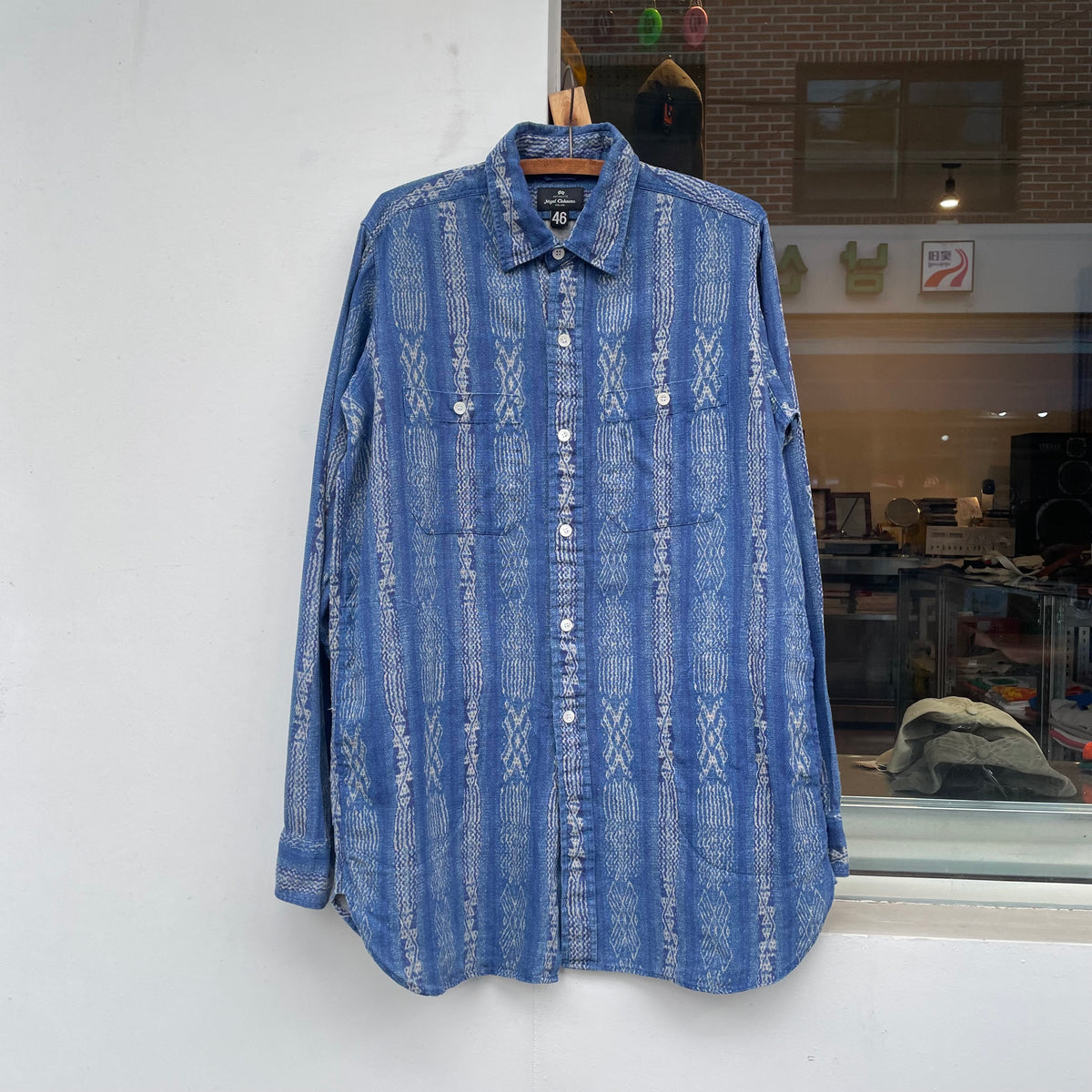 Pattern Linen Long Sleeve Shirt Blue