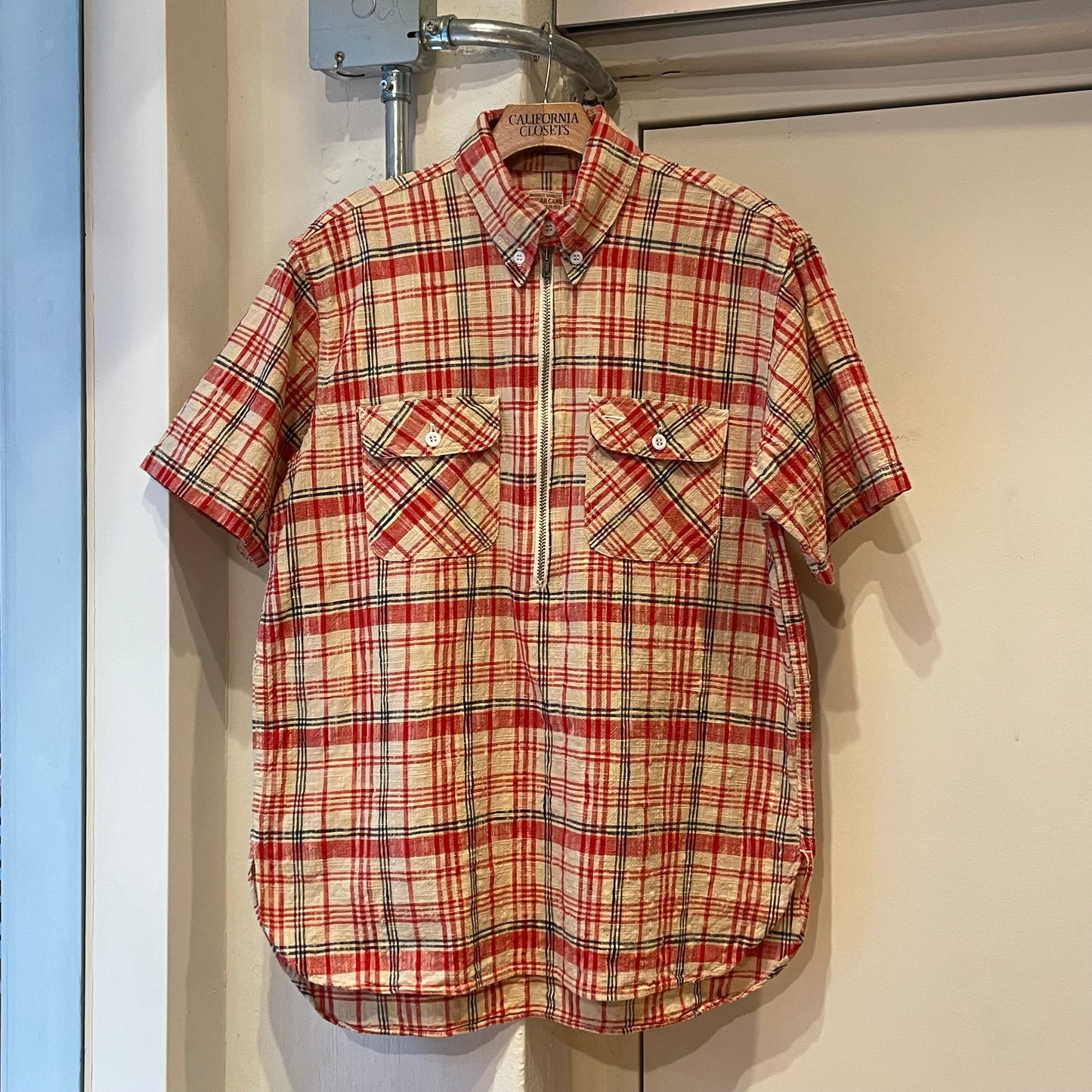 Half-Zip Plaid Short Sleeve Shirt Red
