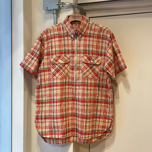 Half-Zip Plaid Short Sleeve Shirt Red