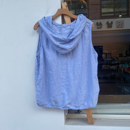 Sleeveless Hooded Linen Tops Blue
