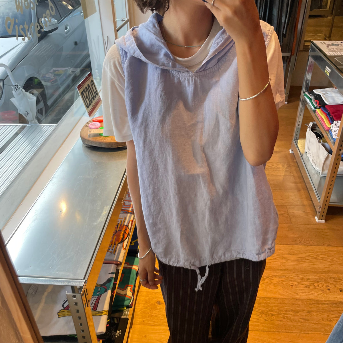 Sleeveless Hooded Linen Tops Blue