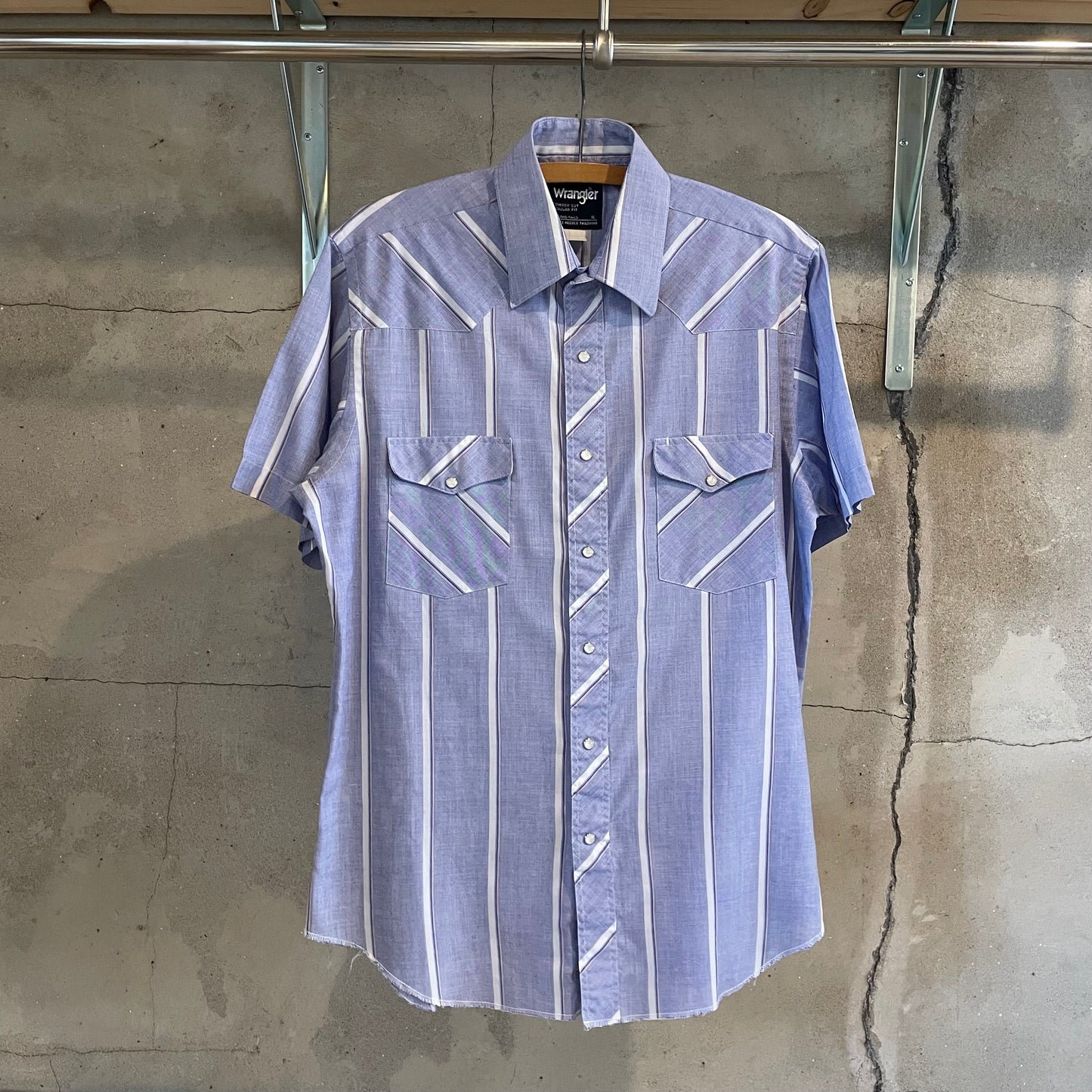 Snap-Button Stripe Short Sleeve Shirt Blue