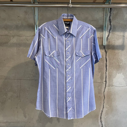 Snap-Button Stripe Short Sleeve Shirt Blue