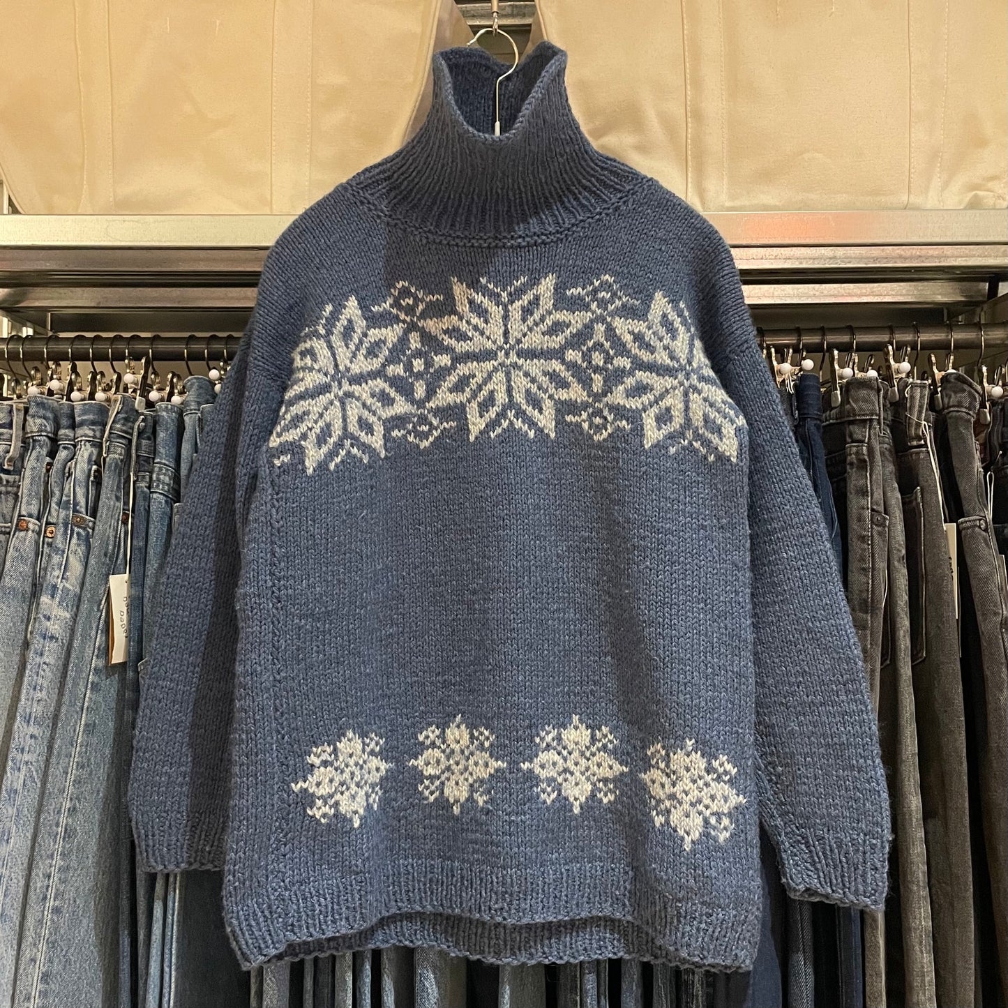 Snowflake Knit Turtleneck Sweater Blue