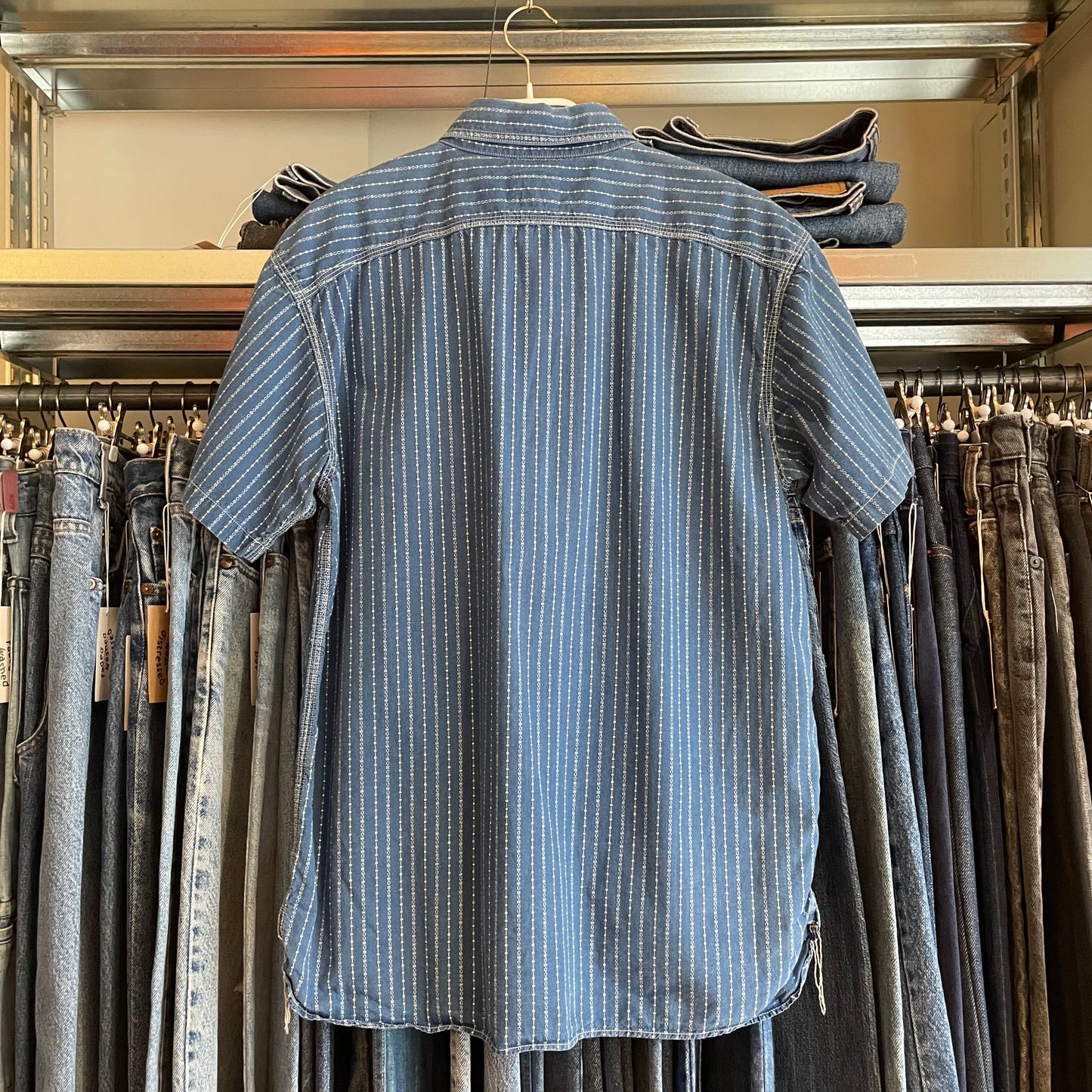 Stripe Button-Up Work Shirt Blue Short Sleeve