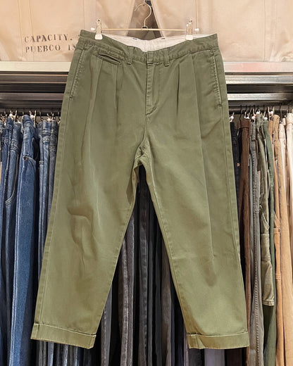 Chino Pants Cotton Twill Olive Double-Pleated