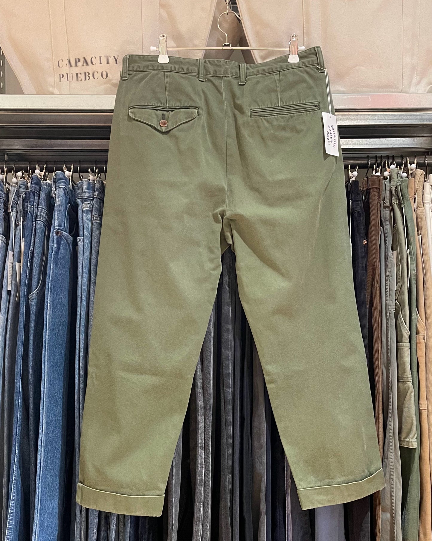 Chino Pants Cotton Twill Olive Double-Pleated